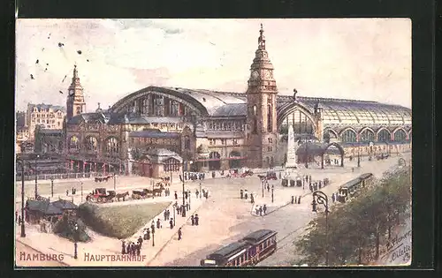 Künstler-AK Charles F. Flower: Hamburg, Strassenbahnverkehr vor dem Hauptbahnhof