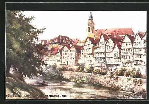 Künstler-AK Charles F. Flower: Tübingen, Blick von der Neckarbrücke