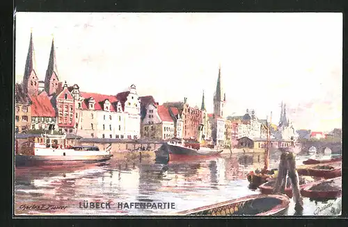Künstler-AK Charles F. Flower: Lübeck, Hafenpartie