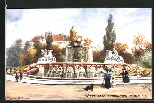 Künstler-AK Charles F. Flower: München, Wittelsbacherbrunnen mit Spaziergängern