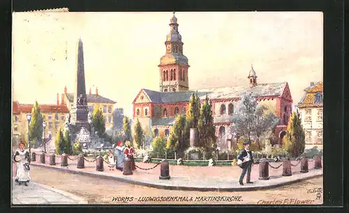Künstler-AK Charles F. Flower: Worms, Ludwigsdenkmal und Martinskirche