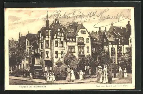 Künstler-AK Krefeld / Rhein, Passanten am Bismarckplatz