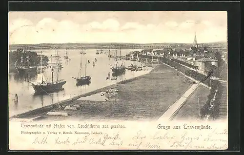 AK Travemünde, Ortsansicht mit Hafen vom Leuchtturm aus gesehen