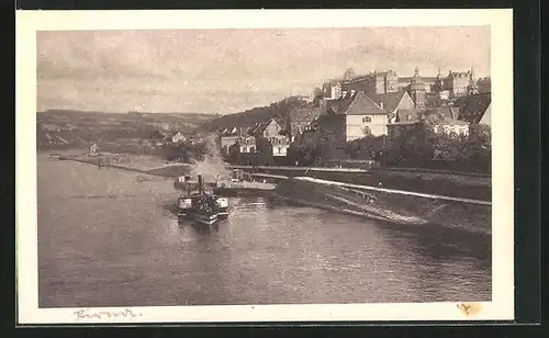 AK Pirna, Blick über die Elbe zur Stadt mit Dampfer