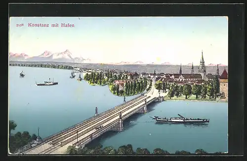 AK Konstanz, Ortsansicht mit Hafen aus der Vogelschau