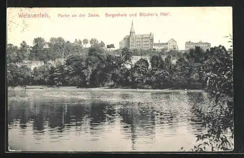 AK Weissenfels, Partie an der Saale, Bergschule und Blücher`s Höh`