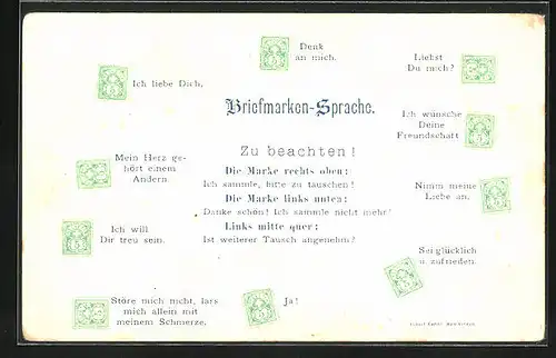 AK Briefmarkensprache, Ich liebe Dich, Denk an mich, Liebst Du mich ?, Ich will Dir treu sein, Sei glücklich u zufrieden