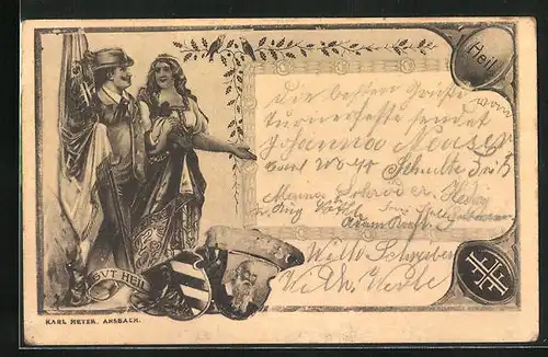 AK Gut Heil !, Turner mit Fahne, Wappen und Bildnis Turnvater Jahn