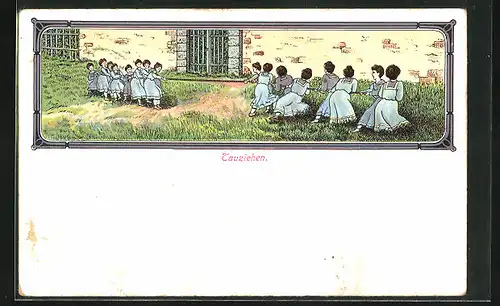 Künstler-AK Zwei Mädchen-Mannschaften beim Tauziehen