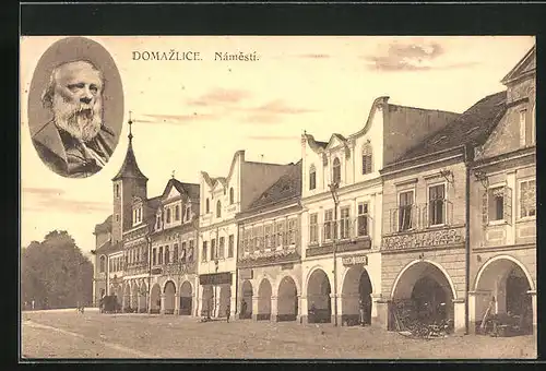 AK Domazlice, Nàmesti, Marktplatz mit Geschäften und Porträt