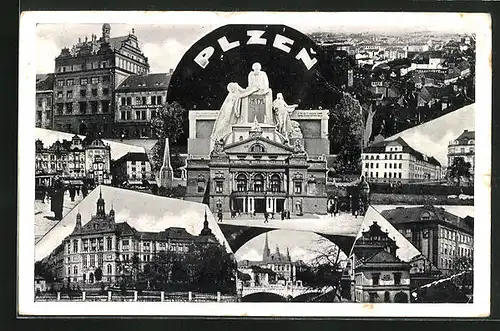AK Pilsen, Ortsansicht und sieben Ansichten aus dem Ort