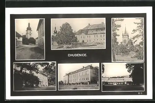 AK Chudenice, Sechs Ansichten aus dem Ort