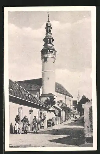 AK Domazlice, Strassenpartie mit Kirche