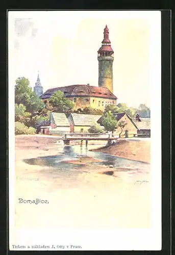 Künstler-AK Domazlice, Blick zur Kirche