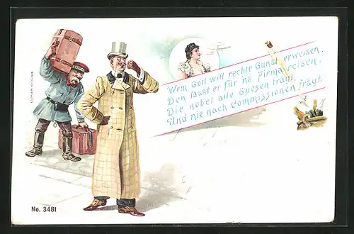 Lithographie Page mit Koffern begleitet elegant gekleideten Herrn