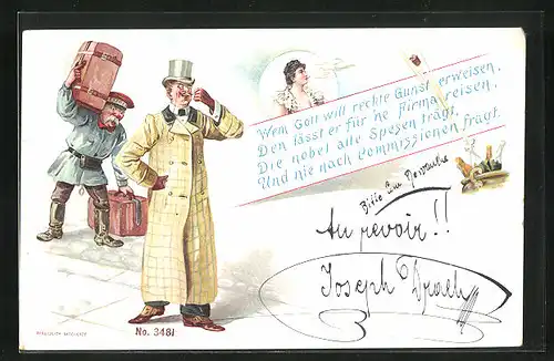 Lithographie Page mit Koffern begleitet elegant gekleideten Herrn