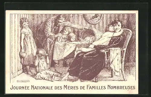 Künstler-AK Journèe Nationale des Mères de Familles Nombreuses, Kinderfürsorge