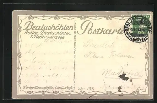 Künstler-AK Ernst E. Schlatter: Beatushöhlen, Station Beatushöhlen & Beatusstrasse