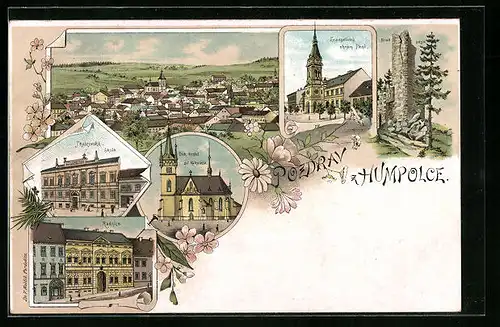 Lithographie Humpolec, Evangelický chrám Páne, Dek. Kostel sv. Mikuláse, Radnice
