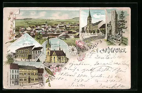 Lithographie Humpolec, Radnice, Hotel Culca, Dek. Kostel sv. Mikuláse