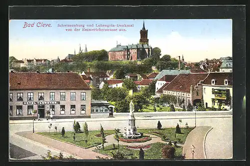 AK Bad Cleve, Schwanenburg und Lohengrin-Denkmal von der Emmericherstrasse aus gesehen