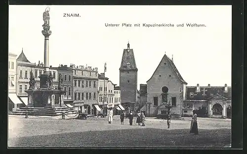 AK Znaim, Unterer Platz mit Kapuzinerkirche und Wolfturm