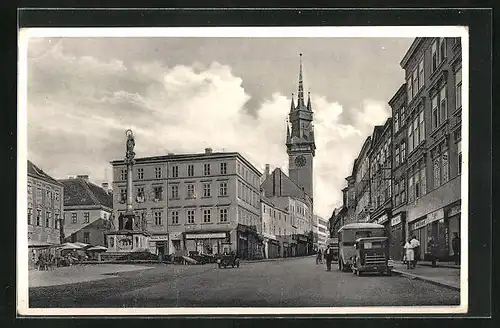 AK Znaim, Masarykplatz mit Rathausturm