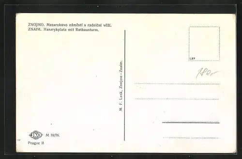 AK Znaim, Masarykplatz mit Rathausturm