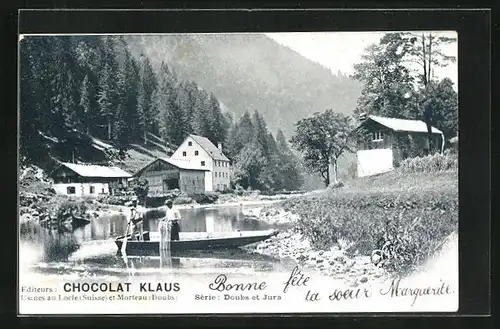 AK Le Locle, Fischerei am Fluss, Reklame für Chocolat Klaus