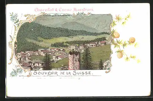 Lithographie Pontresina, Vue générale, Reklame Chocolat & Cacao Maestrani