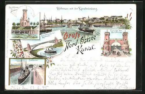 Vorläufer-Lithographie Holtenau, 1895, Leuchturm, Schleuse, Facade der Hochbrücke