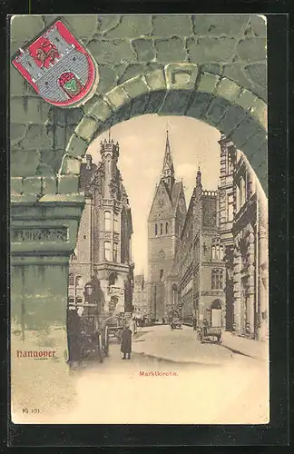AK Hannover, Strassenpartie mit Marktkirche, Wappen