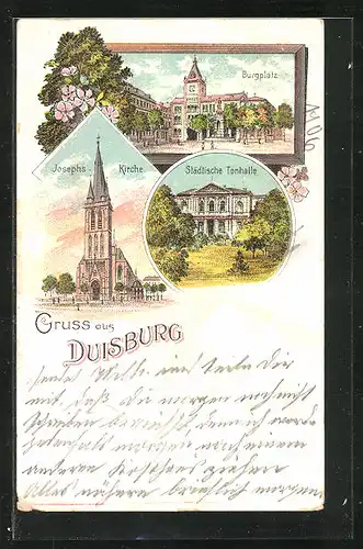 Lithographie Duisburg, Josephkirche, Städische Tonhalle, Burgplatz