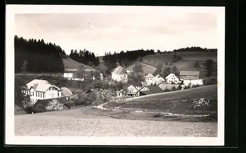 AK Klasterec n. Orl., Aussicht vom Feld auf den Ort