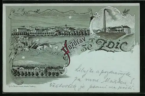 Mondschein-Lithographie Zdice, Celkový pohled, Nadrazi, Cukrovar