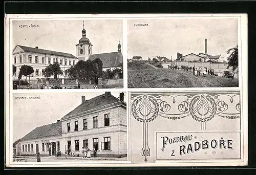AK Ratbor, Hostinec u. Karniku, Kostel a Skola, Cukrovar