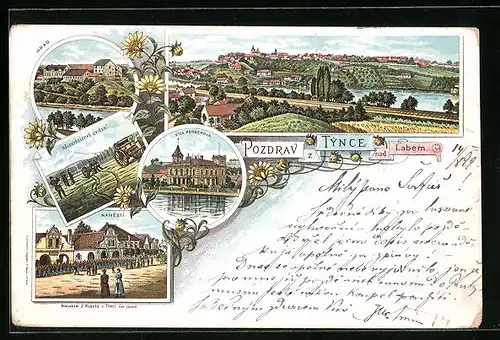 Lithographie Tynec nad Labem, Celkový pohled, Hrad, Namesti, Vila Pernerova