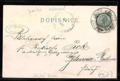 Lithographie Velky Osek, Nadrazi, Obecna skola, C.k. posta