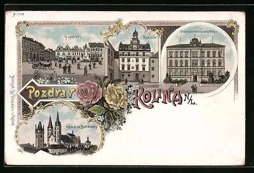 Lithographie Kolin, Namesti, Radnice, Kostel sv. Bartolomeje