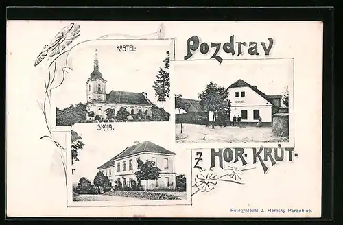 AK Horni Kruty, Hostinec, Kostel, Skola