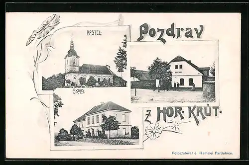 AK Horni Kruty, Hostinec, Kostel, Skola