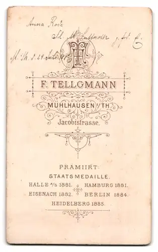 Fotografie F. Tellgmann, Mühlhausen i. Th., Jacobistrasse, Portrait bürgerliche Dame mit Hochsteckfrisur