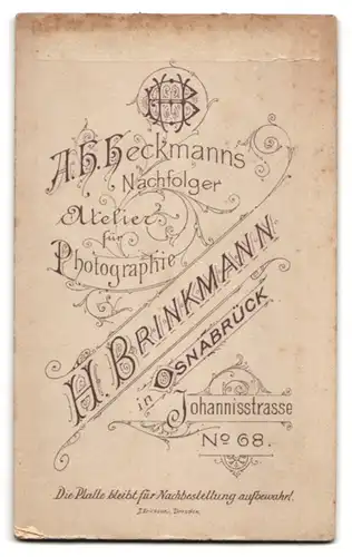 Fotografie H. Brinkmann, Osnabrück, Johannisstrasse 68, Portrait junge Dame mit zurückgebundenem Haar