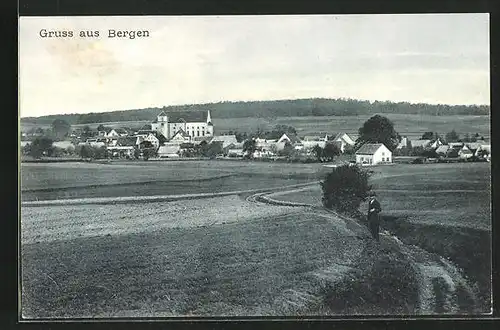 AK Bergen, Feldweg zum Ort und Heilig-Kreuz-Kirche