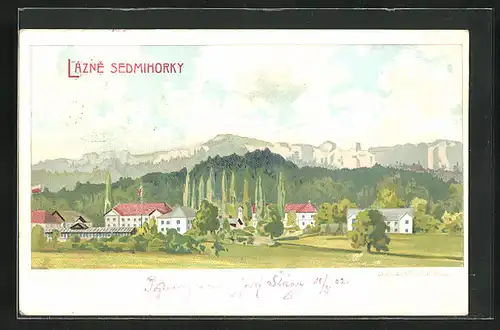 Lithographie Lazne Sedmihorky, Häuser in Berglandschaft