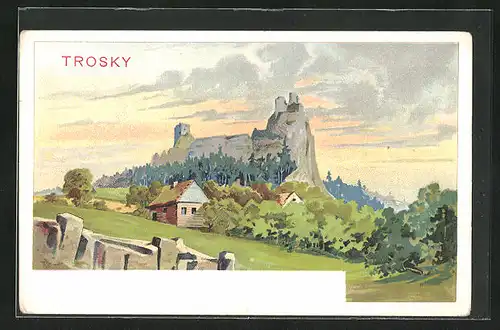 Lithographie Trosky, Burgruine von Wiese aus betrachtet