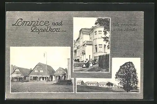 AK Lomnice nad Pop., Vila tovarnika p. Jos. Horaka, Letna, Marktplatz