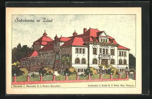 Künstler-AK Zlin, Sokolovna, Gebäude der Turnvereinigung