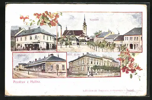 Künstler-AK Hulin, Nadrazi, Mest. skola, Namesti