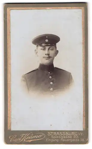 Fotografie Carl Krämer, Strassburg i. E., Spiessgasse 23, Portrait Soldat in Uniform mit Moustache
